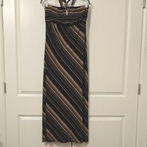 Soma Black and Brown Striped Strapless / Halter Maxi Dress